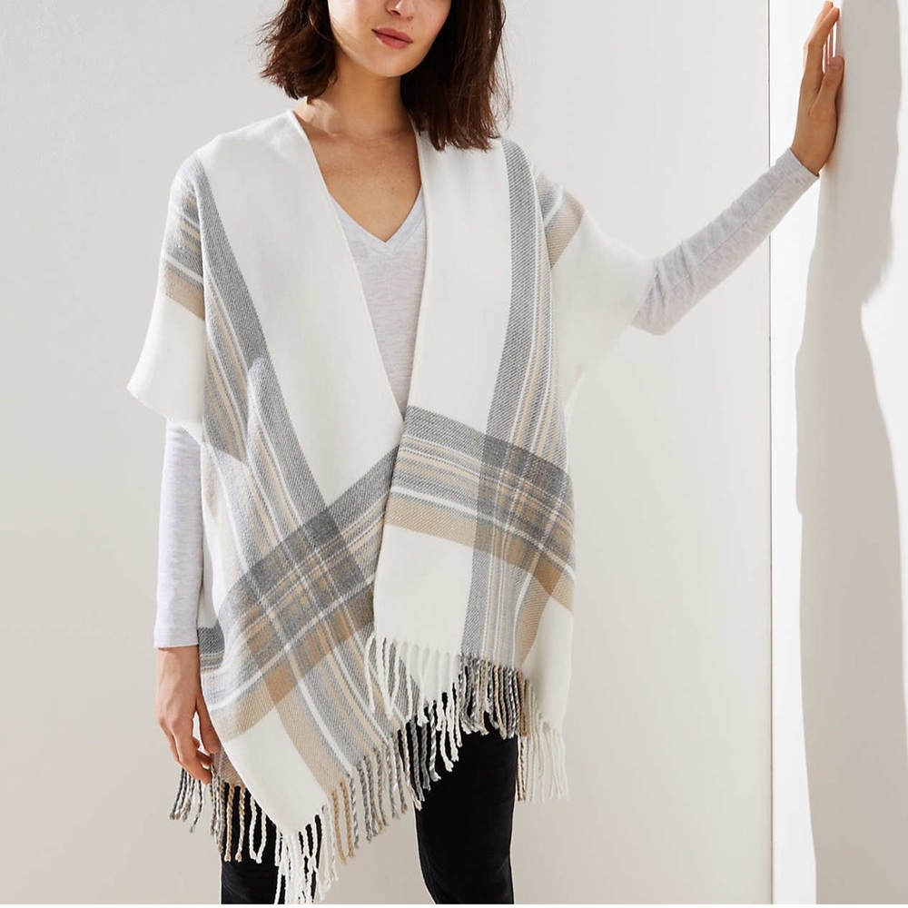 MODERN PLAID FRINGE PONCHO